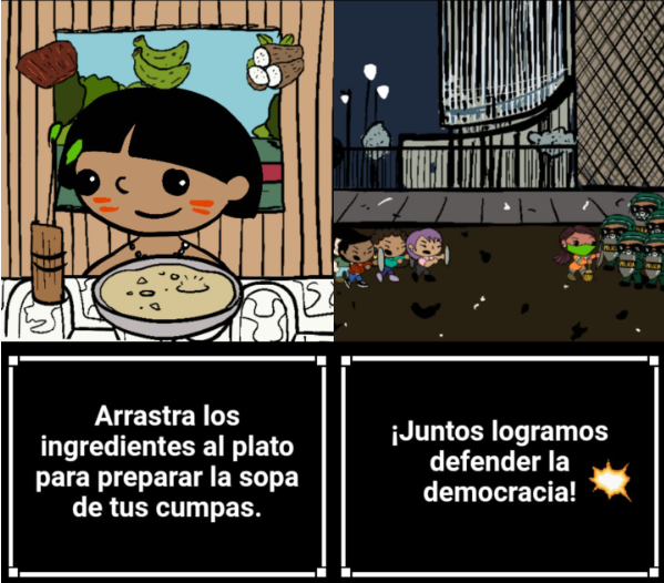 Esta imagen muestra 2 minijuegos del juego Chabelita. La de la izquierda muestra a un niño recibiendo alimentación. La de la derecha muestra a personas enfrentándose a la policía en una manifestación.