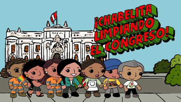 Esta imagen contiene el banner de Chabelita: El Videojuego. Muestra 7 personas afuera del Congreso de Perú.