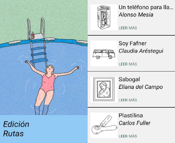 Estas imágenes muestran la vista de la aplicación Dodo Press. A la izquierda hay una mujer bañándose y a la derecha hay 4 artículos.