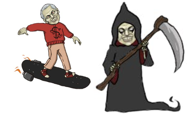 Imágenes del personaje Ratañeda. El de la izquierda tiene un polo con un símbolo de dólar. El de la derecha está disfrazado como la muerte.